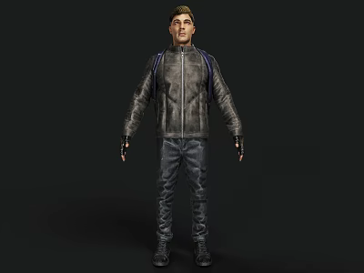 Game Movie Character Male Wearing Leather Jacket Jeans And Backpack Standing Pose 3d model