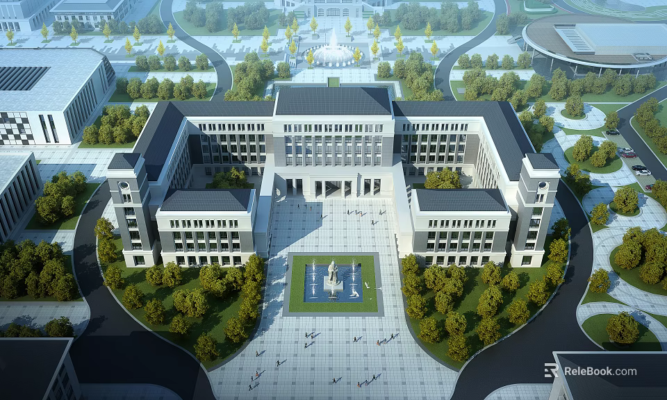 University Building Symmetrical Design With Central Fountain Clock Tower Surrounding Trees Plaza 3d model 