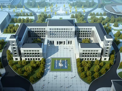 University Building Symmetrical Design With Central Fountain Clock Tower Surrounding Trees Plaza 3d model