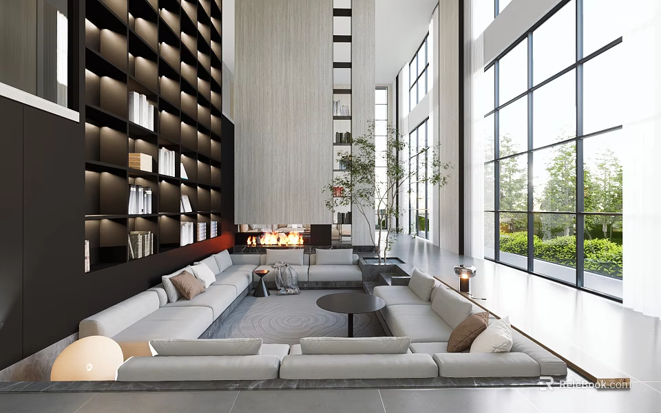 Modern Duplex Living Room Interior With Large Windows Greenery View And Bookshelf 3d model