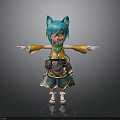 3D Character With Blue Cat Ears Teal Hair Orange Green Outfit Pouch And Outstretched Arms
