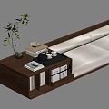 Modern Living Room Setup With Wooden Coffee Table Books Tea Set And Bamboo Plant
