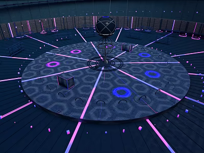 Futuristic Scenic Landscape With Circular Platform Purple Blue Lights Black Sphere And Glowing Lines 3d model