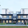 Modern Townhouse Exterior Design with Balconies Large Glass Windows Landscaped Hedges and Paved Driveway