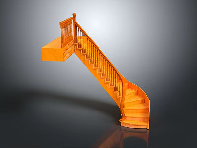 Orange Wooden Staircase Furniture With Handrail And Curved Steps Design 3d model