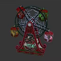 Colorful Decorative Ferris Wheel With Red Cabins Green Frame And Ornate Base