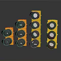 Multiple Yellow Traffic Lights With Black Lenses In Various Sizes On