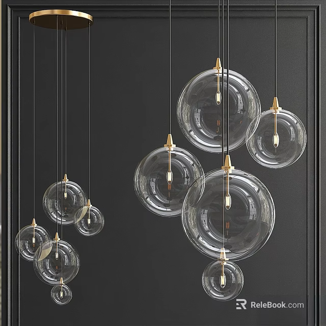 Modern Transparent Glass Ball Pendant Lights With Golden Top Accents Hanging On Dark Background 3d model 