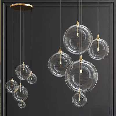 Modern Transparent Glass Ball Pendant Lights With Golden Top Accents Hanging On Dark Background 3d model