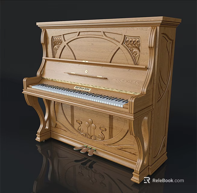 Vintage Wooden Upright Piano With Intricate Carved Details And Black White Keys 3d model 