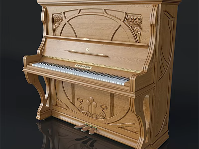 Vintage Wooden Upright Piano With Intricate Carved Details And Black White Keys 3d model