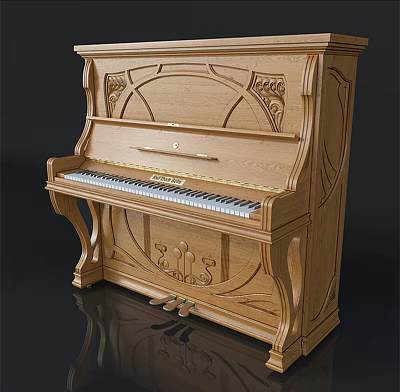 Vintage Wooden Upright Piano With Intricate Carved Details And Black White Keys 3d model