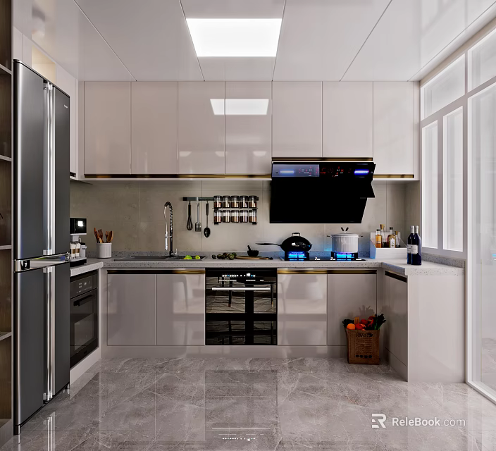 Bright Modern Kitchen Interior With Glossy Cream Cabinets And Full Set Of Practical Cooking Appliances 3d model 