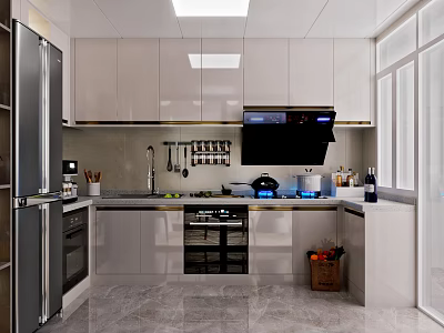 Bright Modern Kitchen Interior With Glossy Cream Cabinets And Full Set Of Practical Cooking Appliances 3d model