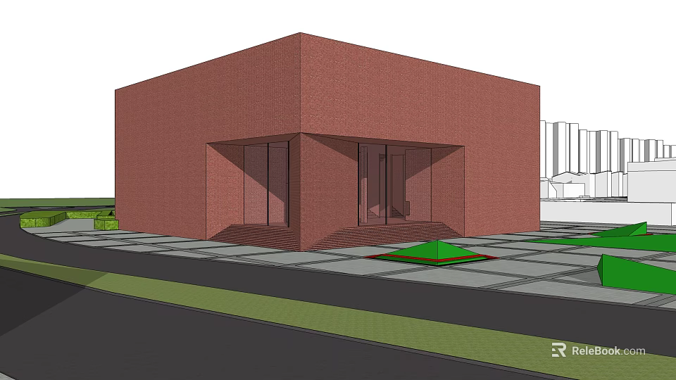 Red Brick Cultural Center Building With Large Glass Windows Green Lawn And Paved Ground 3d model 