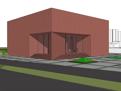 Red Brick Cultural Center Building With Large Glass Windows Green Lawn And Paved Ground 3d model