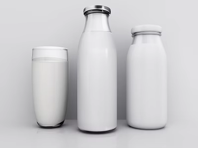 Fresh Pure Milk in Clear Glass and White Bottles on White Background 3d model