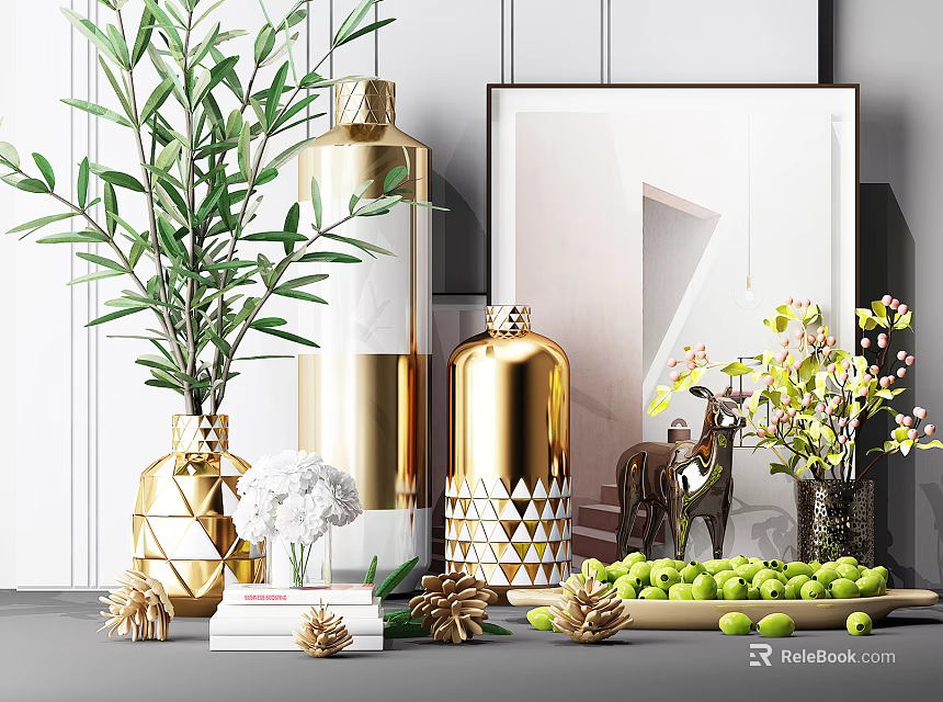 Decorative Ornament Set with Golden Vases Olive Branches Deer Figurine White Flowers and Green Olives 3d model 