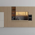 Modern Wooden Kitchen Sideboard With Dark Countertop And Integrated Refrigerator