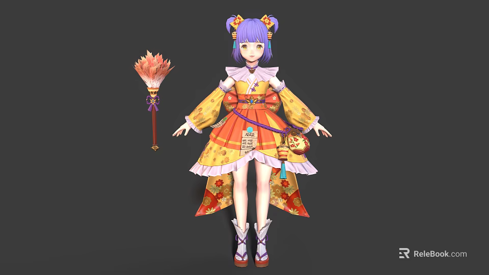 Anime Character With Purple Twin Tails Feather Staff And Creature Inspired Traditional Orange Yellow Outfit 3d model 