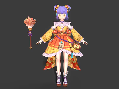 Anime Character With Purple Twin Tails Feather Staff And Creature Inspired Traditional Orange Yellow Outfit 3d model