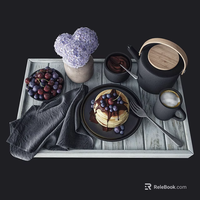 Kitchen Breakfast Tray Setup With Pancakes Blueberries Chocolate Sauce Teapot Coffee Cup And Purple Flowers 3d model 