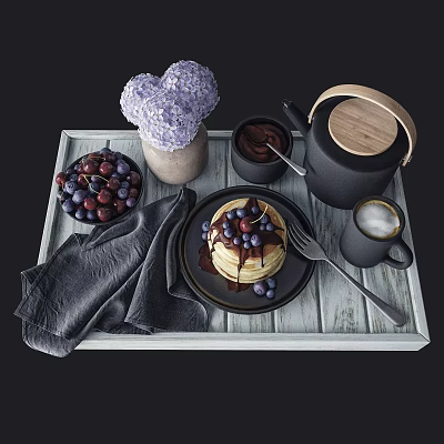 Kitchen Breakfast Tray Setup With Pancakes Blueberries Chocolate Sauce Teapot Coffee Cup And Purple Flowers 3d model