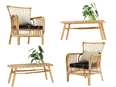 Rattan Leisure Chairs With Wooden Side Table And Green Plant For Cozy Natural Living Space 3d model
