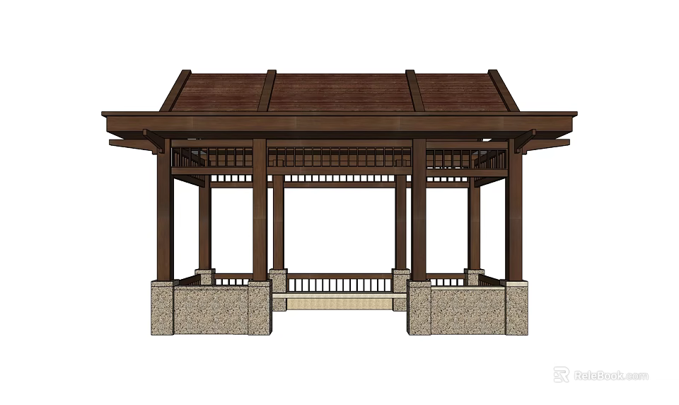 Traditional Style Landscape Pavilion With Wooden Structure Brown Roof And Stone Base 3d model 
