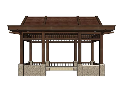 Traditional Style Landscape Pavilion With Wooden Structure Brown Roof And Stone Base 3d model