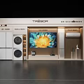 Modern Mall Counter Showcasing Refrigerator Washing Machine Range Hood Air Conditioner With Digital Screen