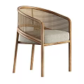Wooden Frame Leisure Chair With Rattan Backrest Armrest And Light Gray Cushion