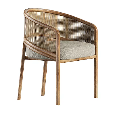Wooden Frame Leisure Chair With Rattan Backrest Armrest And Light Gray Cushion 3d model