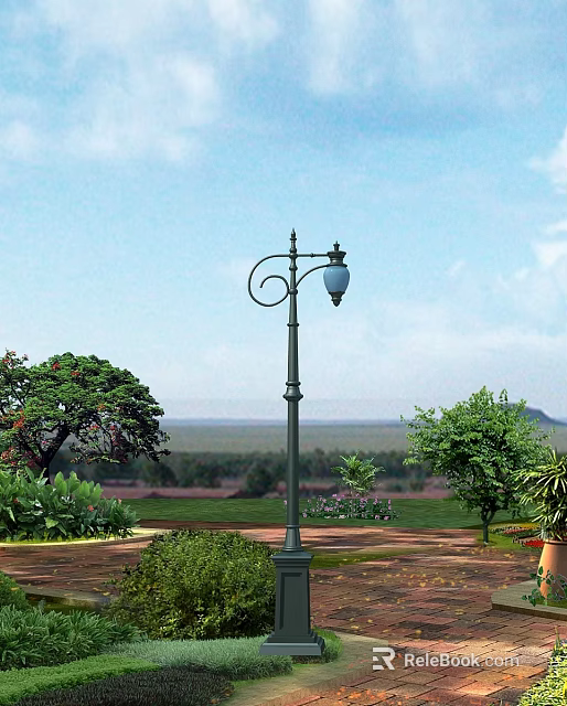 Classic Design Outdoor Lamp With Curved Arm Blue Lampshade In Garden Green Plants Trees Lawn 3d model 