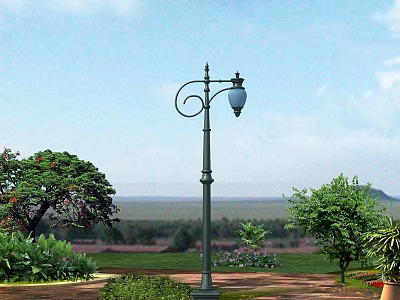 Classic Design Outdoor Lamp With Curved Arm Blue Lampshade In Garden Green Plants Trees Lawn 3d model