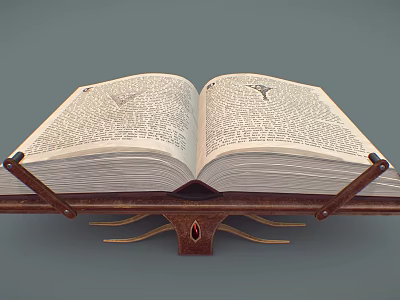 Open Vintage Book On Wooden Stand With Text And Illustrations 3d model