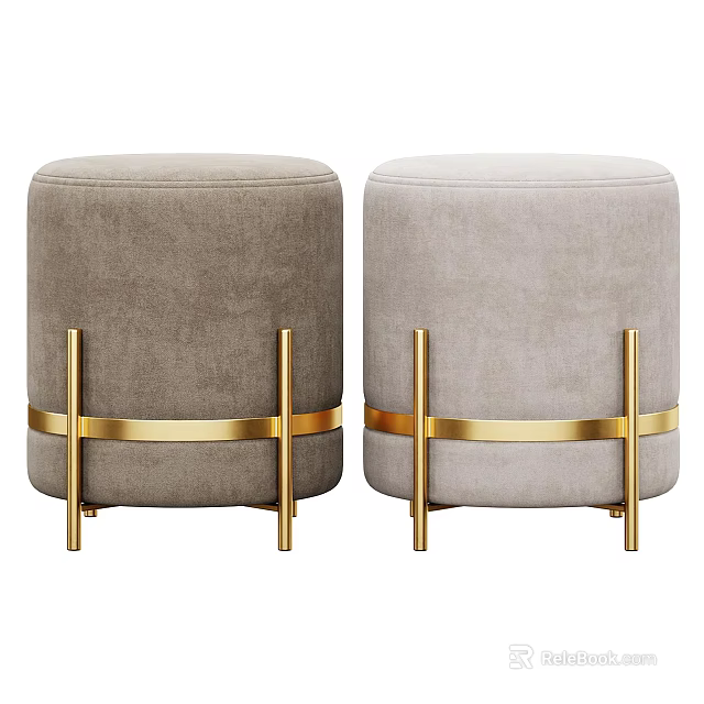 Two Round Gray And Light Gray Ottoman Stools With Gold Metal Frame And Decorative Bands 3d model 