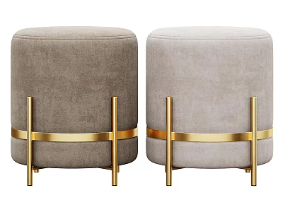 Two Round Gray And Light Gray Ottoman Stools With Gold Metal Frame And Decorative Bands 3d model