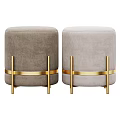Two Round Gray And Light Gray Ottoman Stools With Gold Metal Frame And Decorative Bands