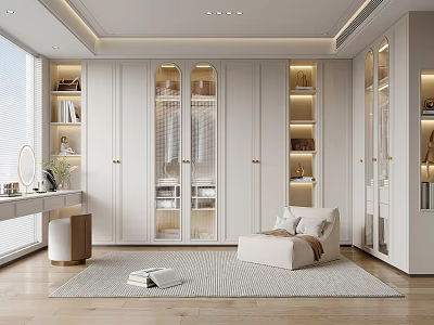 Modern Walk In Closet Interior With White Cabinets Glass Doors And Seating 3d model