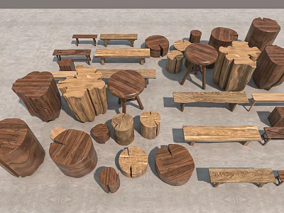 Wooden Stools In Various Shapes And Sizes With Natural Log Design Elements 3d model