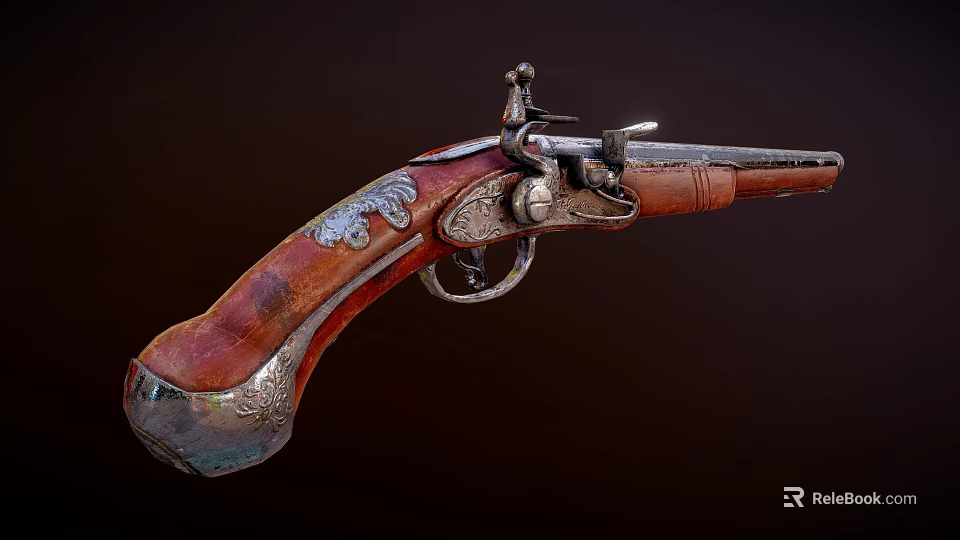 Antique Pistol With Engraved Details Vintage Design Wooden Grip And Metal Components 3d model 