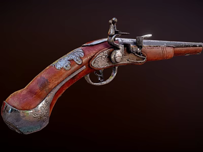 Antique Pistol With Engraved Details Vintage Design Wooden Grip And Metal Components 3d model