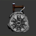 3D Rendered Metallic Cylindrical Weapon With Wooden Handle Shiny Surface And Multiple Components
