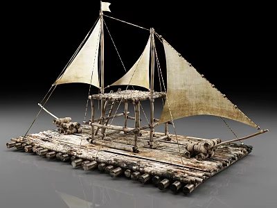 Traditional Wooden Boat With White Sails And Detailed Wooden Deck Structure 3d model