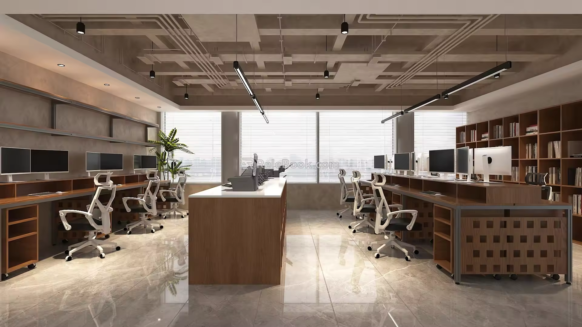 Modern Public Office Area Public Office Area Work Area Office Desk Office Chair Chandelier Bookshelf File Rack Printer Computer Office Electrical Appliances 3d model