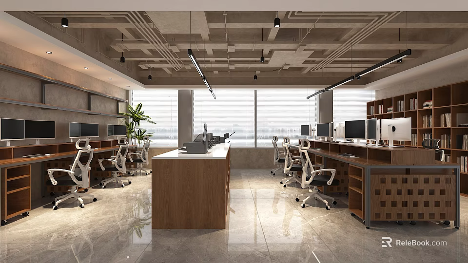 Bright Modern Public Office Space With Workstations Ergonomic Chairs Computers And Large Windows 3d model 