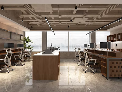 Bright Modern Public Office Space With Workstations Ergonomic Chairs Computers And Large Windows 3d model