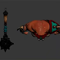 Game Movie Character With Red Horns Green Shoulder Armor Holding Spiked Hammer And Brown Pants