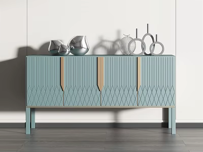 Modern Teal Entryway Console Table With Geometric Pattern And Decorative Vases 3d model